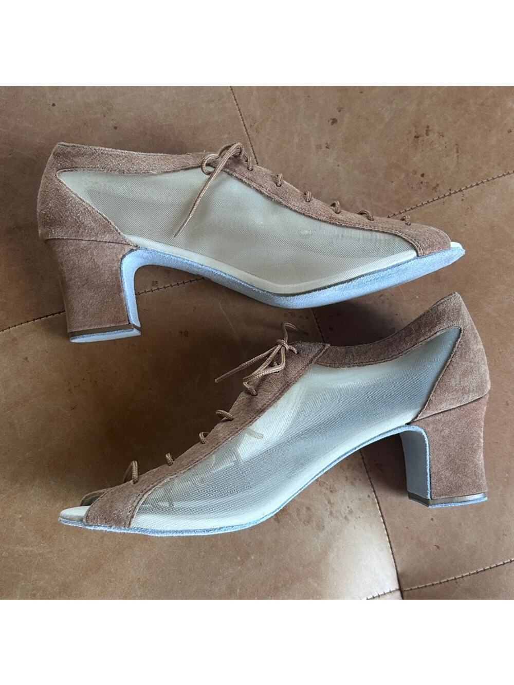 Kelaci Ballroom Dance Shoes Nude Mesh Suede Lace Up Peep Toe Women Size 11